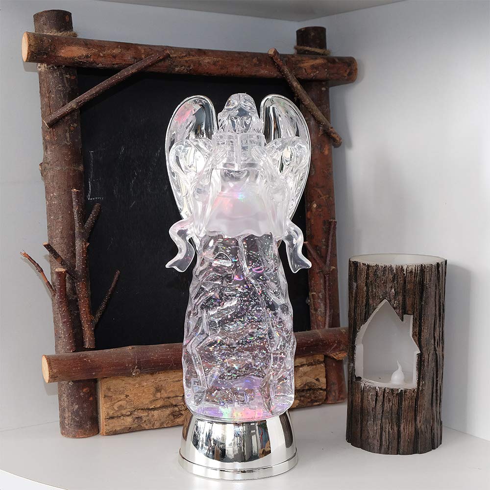 Wondise Color Changing Snow Globe Water Lamp with 6 Hour Timer, 11 Inches LED Lights Battery Operated Swirling Glitter Christmas Home Decor (Angel Reading Figurine)