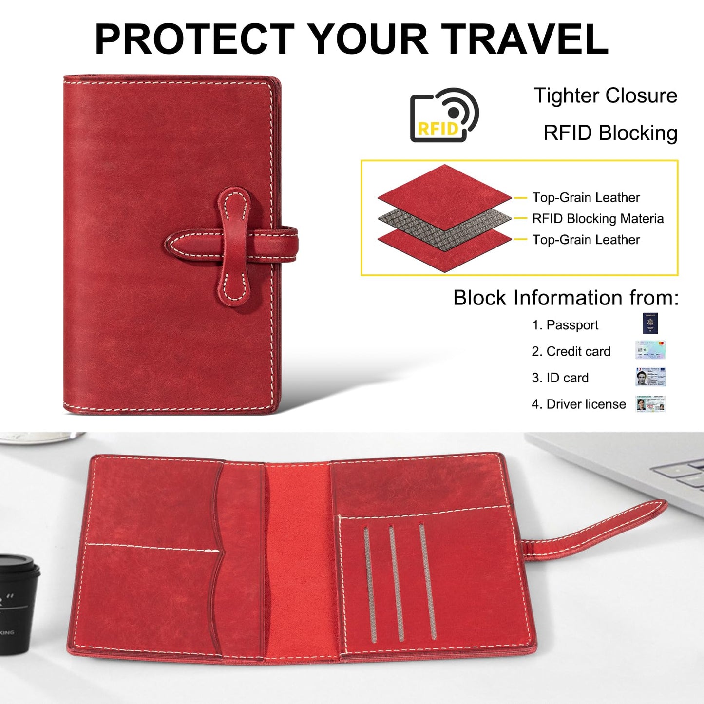 une diffe Leather Passport Holder for Travel Women Men, RFID Blocking Card Slot, Top-Grain leather with Magic Buckle, Boarding Pass Pocket,Retro Passport Wallet,Red
