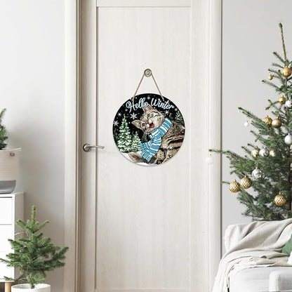 Deroro Hello Winter Cat Black Front Door Sign, Kitty Kitten Pine Tree Snowflakes Wood Door Hanger Outdoor Outside Porch Decor, Christmas Holiday Seasonal Wooden Wreath Indoor Wall Hanging Decoration