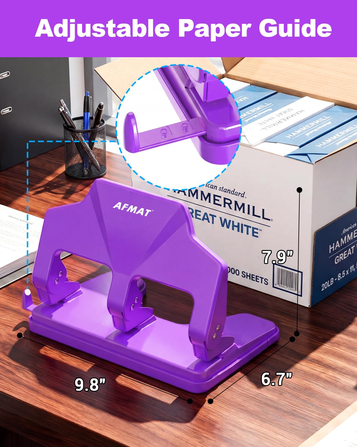 AFMAT 3 Hole Punch Heavy Duty, 40-Sheet Three Hole Punch, 50% Reduced Effort, 3 Hole Puncher for Binder w/Large Chip Tray, 9/32" Holes Diameter, Metal Paper Puncher for Home/Office/School,HP14(Purple)