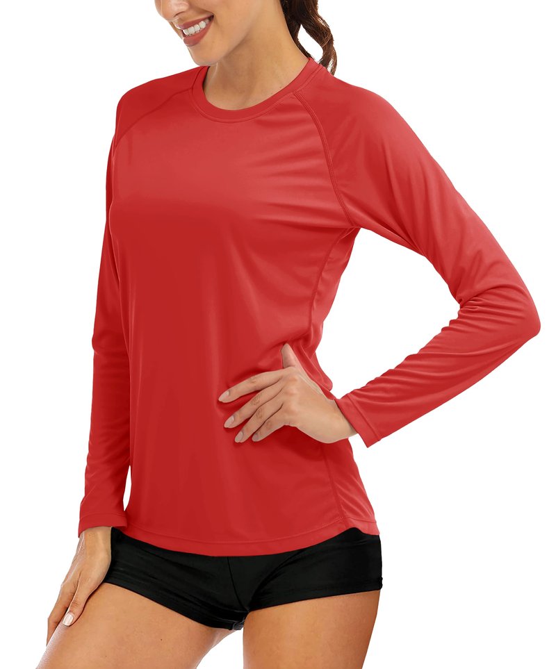 MAGCOMSEN Women's Sun Protection Long Sleeve Shirts - Workout & Running Shirts - Moisture Wicking UV Protection - Tomato Red