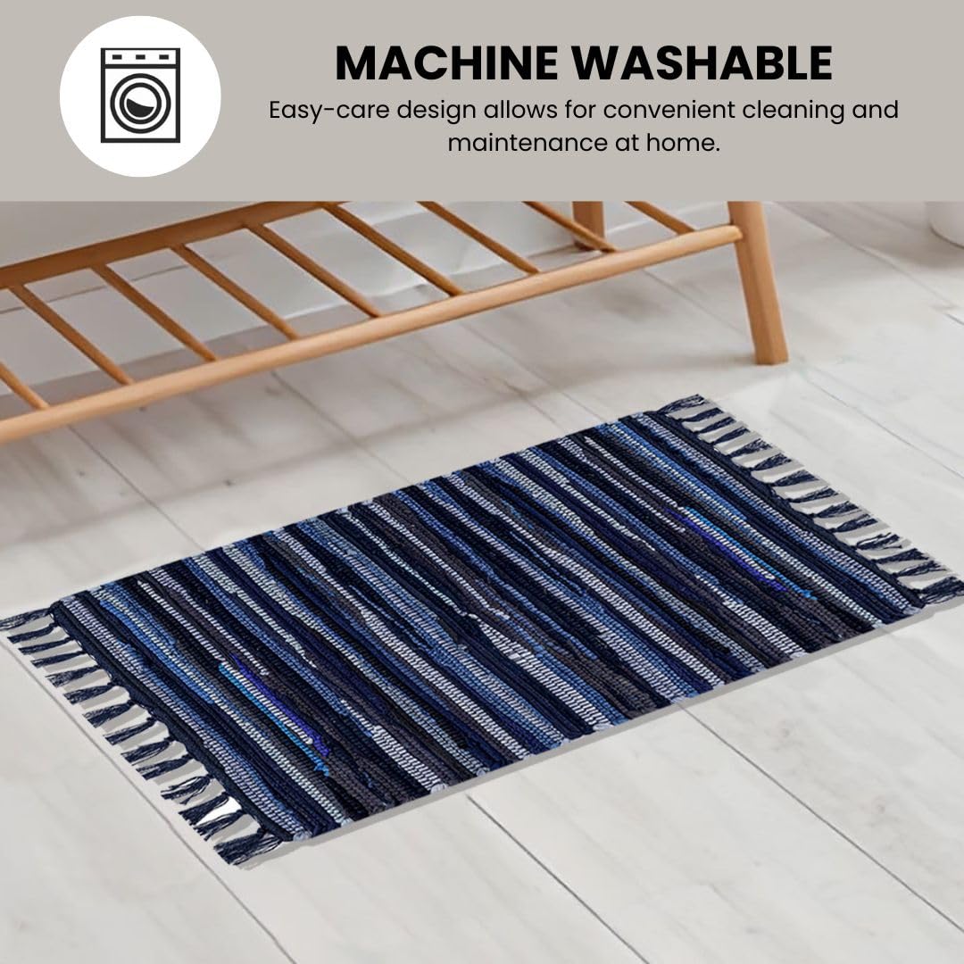 Threadvista Hand Woven Chindi Rug Cotton - Rustic Boho Accent Throw Rug for Living Room Bedroom Kitchen Entryway Floor Mats - Ideal for High Traffic Areas 20x32 inch Reversible Area Rug Blue Multi