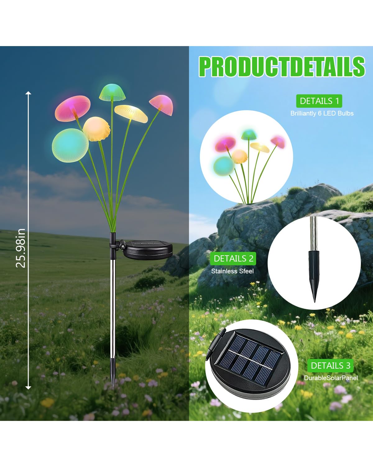 Solar Mushroom Light Outdoor Waterproof,Garden Patio Decorative 4 Colour Lights for Patio Lawn,Landscape Lighting Large Bulbs,Starlight Windswept Lights,Great Gift for Women for Gardening,2 Packs