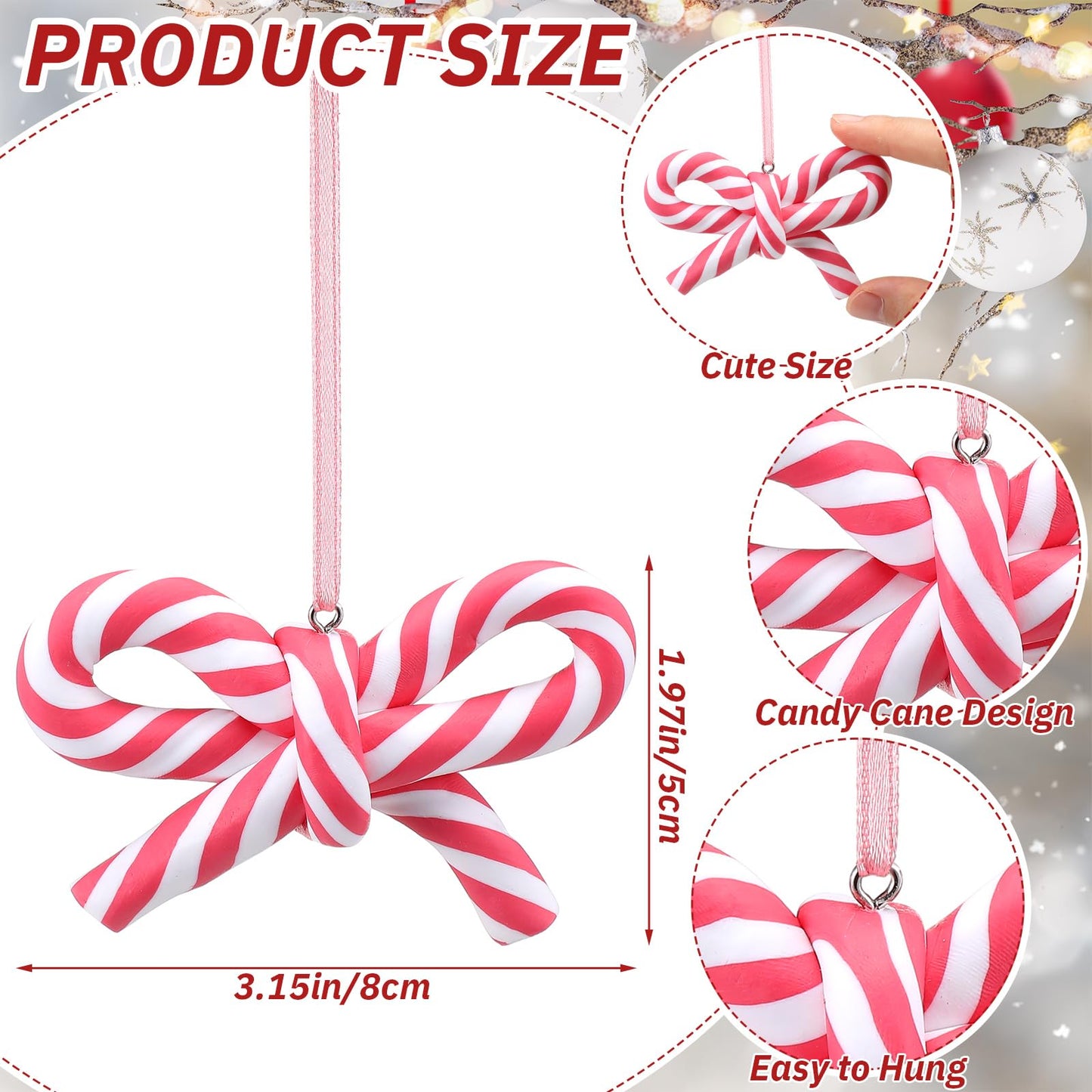 Hungdao 24 Pcs Bow Candy Cane Christmas Ornaments Pink and White Christmas Tree Decoration Stripe Candy Cane Hanging Ornament Polymer Clay Peppermint Pendant for for Xmas Tree Home Party Holiday Decor