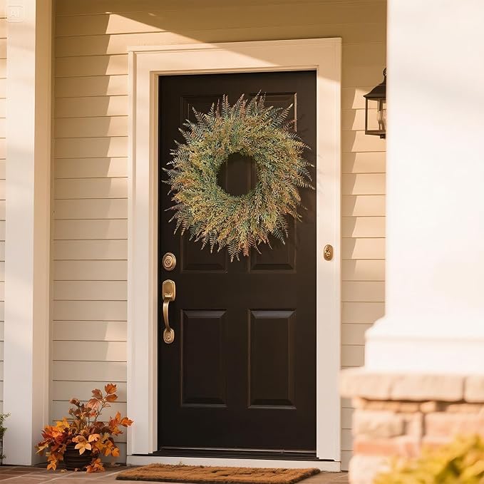 26'' Large Fall Wreath for Front Door, Porch, Window- Artificial Fern Leaves and Faux Wheat Grass Outdoor Autumn Wreath for Home, Farmhouse Wall Thanksgiving Day Harvest Festival Decor