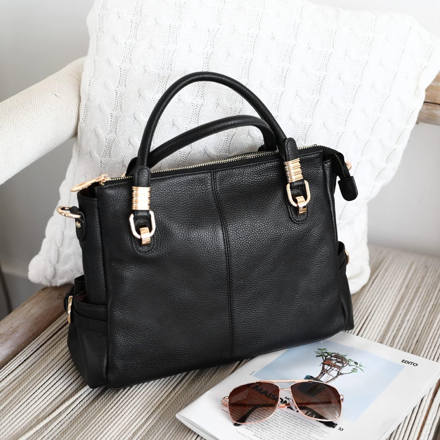 Kattee Women's Genuine Leather Purses and Handbags, Satchel Tote Shoulder Bag (Black)