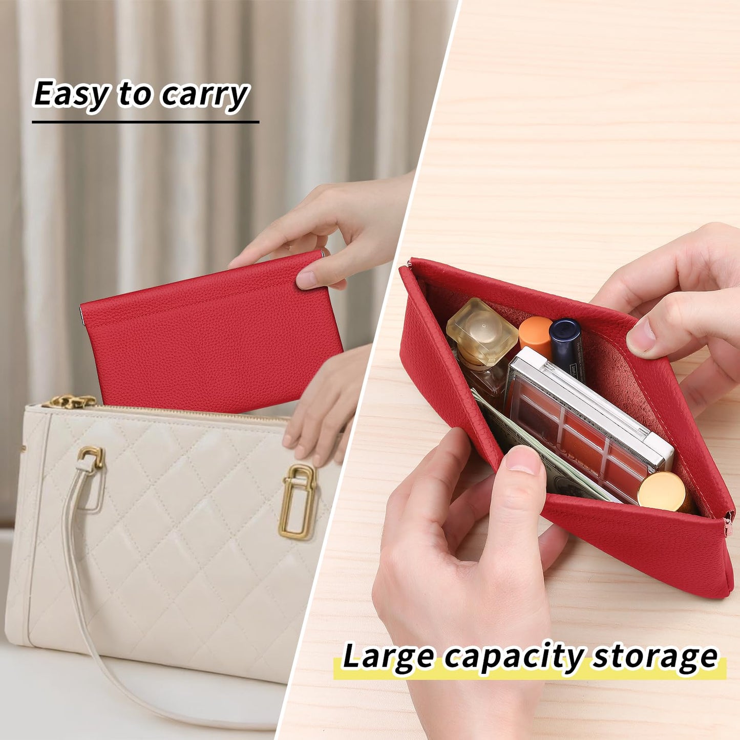 Genuine Leather Pocket Cosmetic Bag for Purse,Coin Purse Lipstick Cosmetic Accessories Travel Pouch for Storage Waterproof Portable No Zipper Self-closing Small Makeup Pouch (Red)