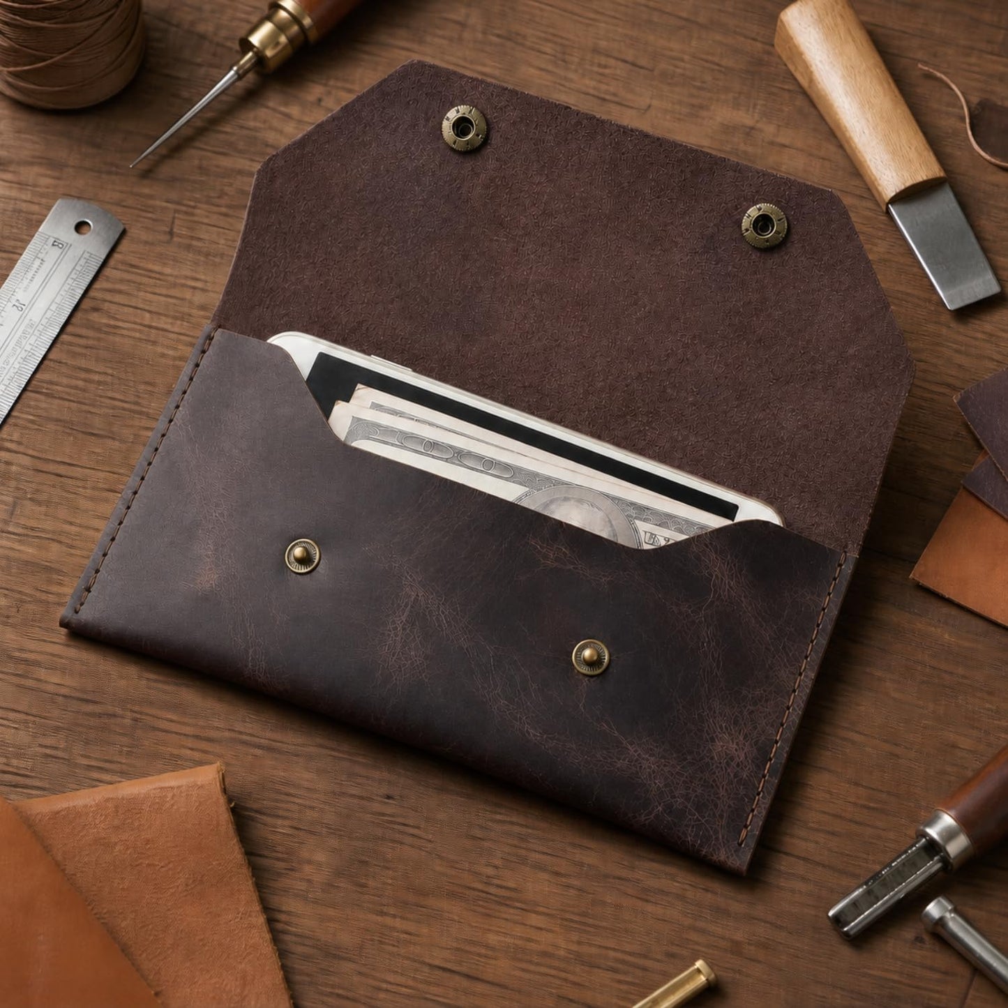 ZEMARS Genuine Leather Cash Envelope Wallet, Two Snap Money Pouch for Men and Women, Reusable Budget Envelope Wallet, Slim Organizer for Cash, Cards, Receipts, Checks and Keys (Dark Brown)