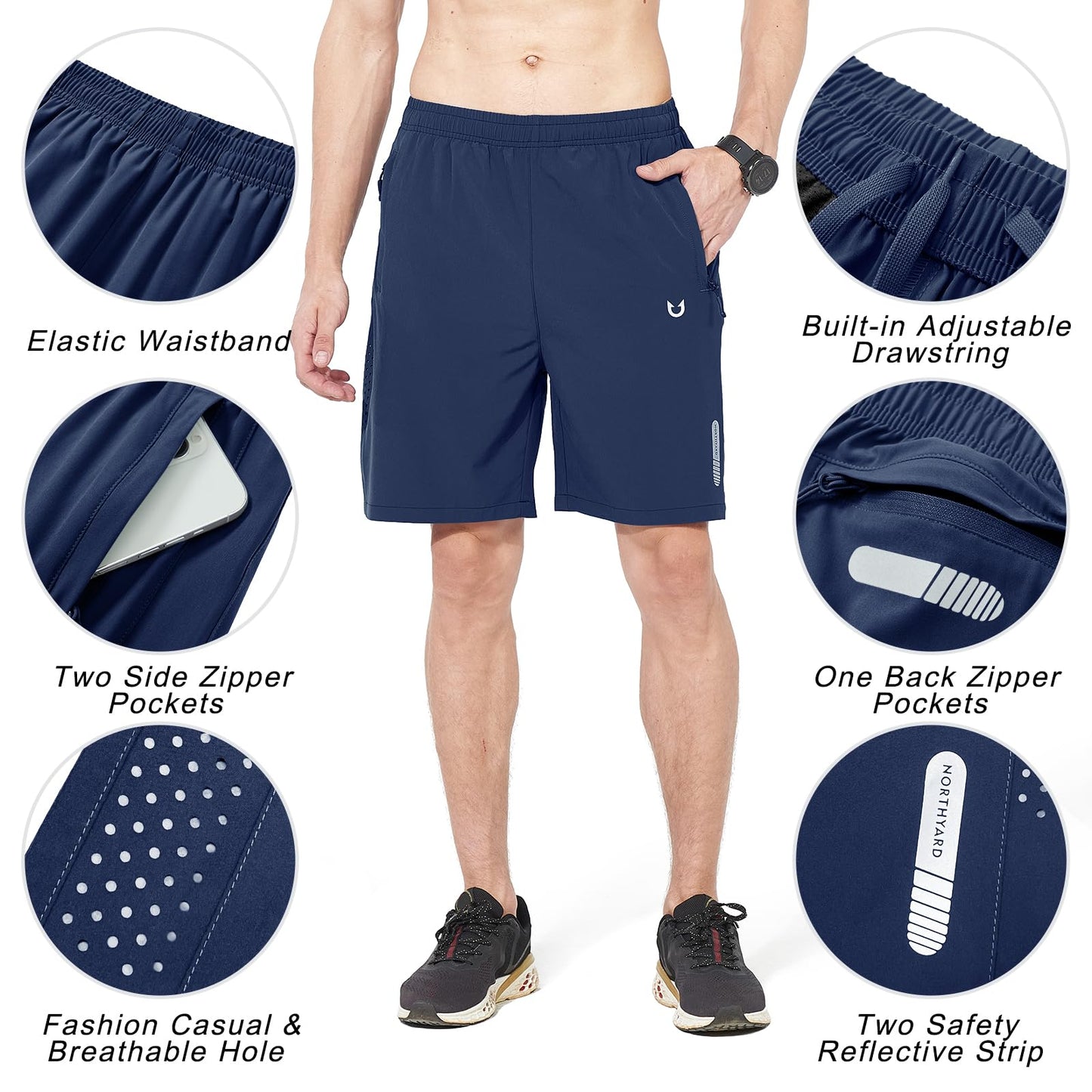 NORTHYARD Men's Athletic Running Shorts Gym Workout 7"/9"/5" Quick Dry Lightweight Sports Basketball Tennis 3 Zipper Pockets DARKBLUE L
