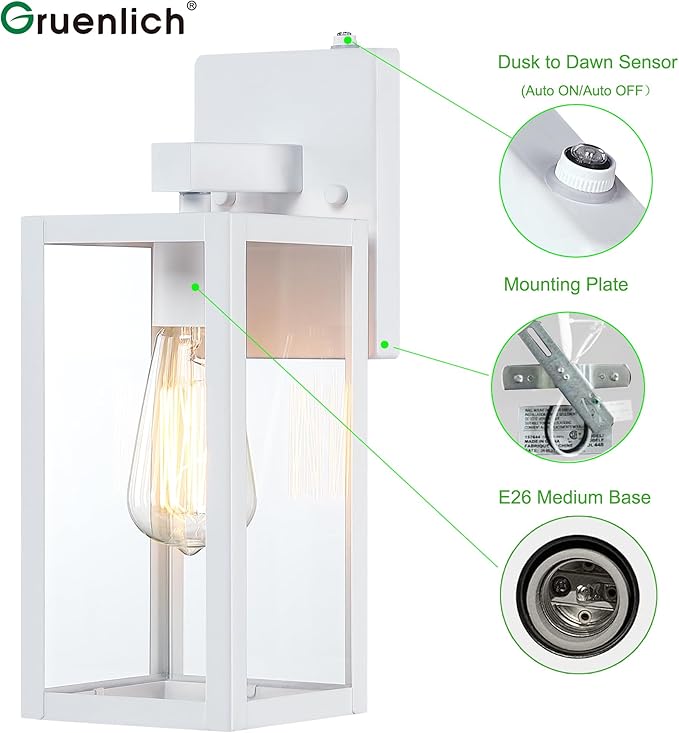 GRUENLICH Dusk to Dawn Large Outdoor Wall Lantern, Wall Sconce as Porch Lighting Fixture, E26 Base Max 60W, Metal Housing with Glass Shade (White, 2-Pack)