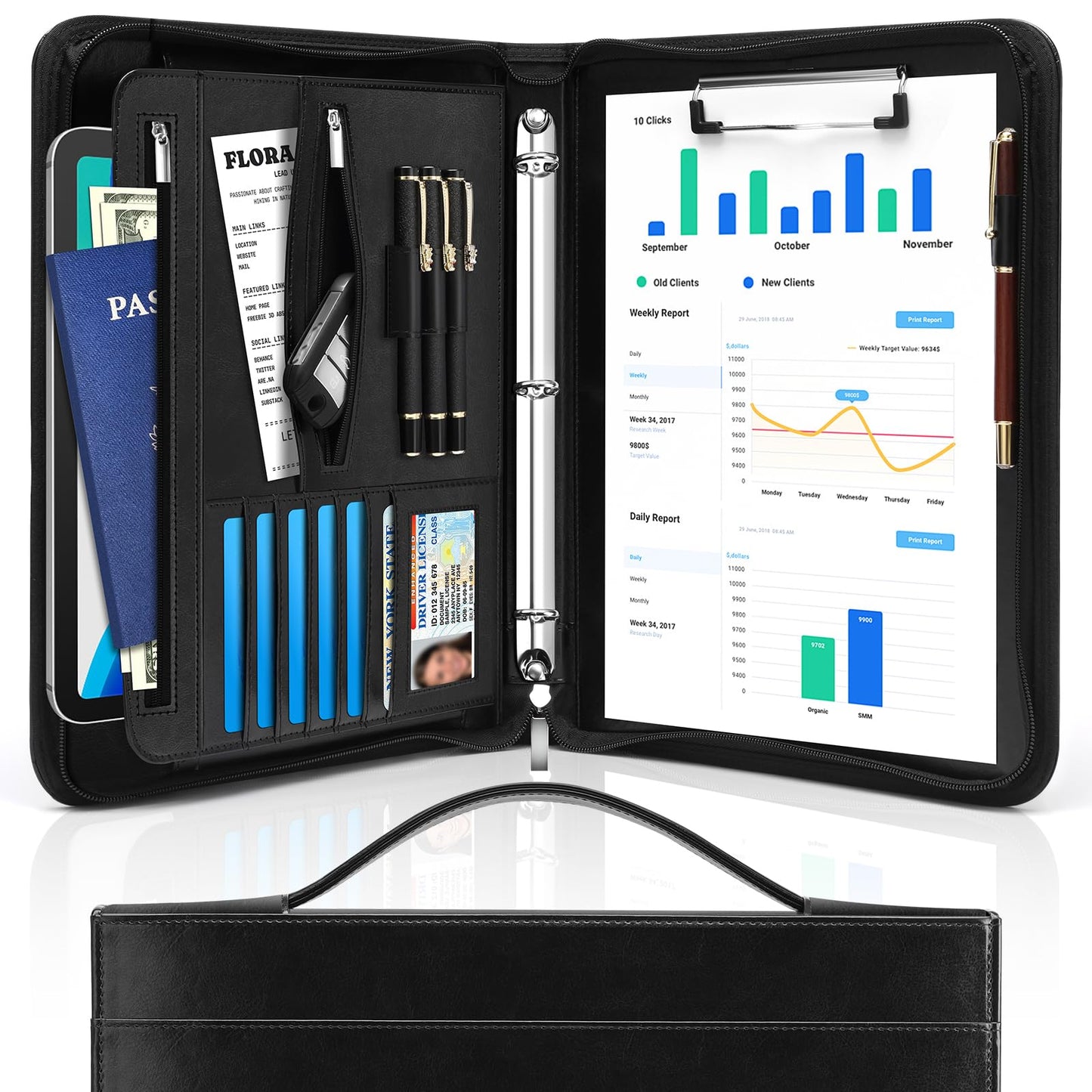 Padfolio Portfolio Organizer Binder with Zipper and Hidden Handle, PU Leather Portfolio Folder for Documents, Business Card Holder, Notepad Padfolio for Men&Women (Black)