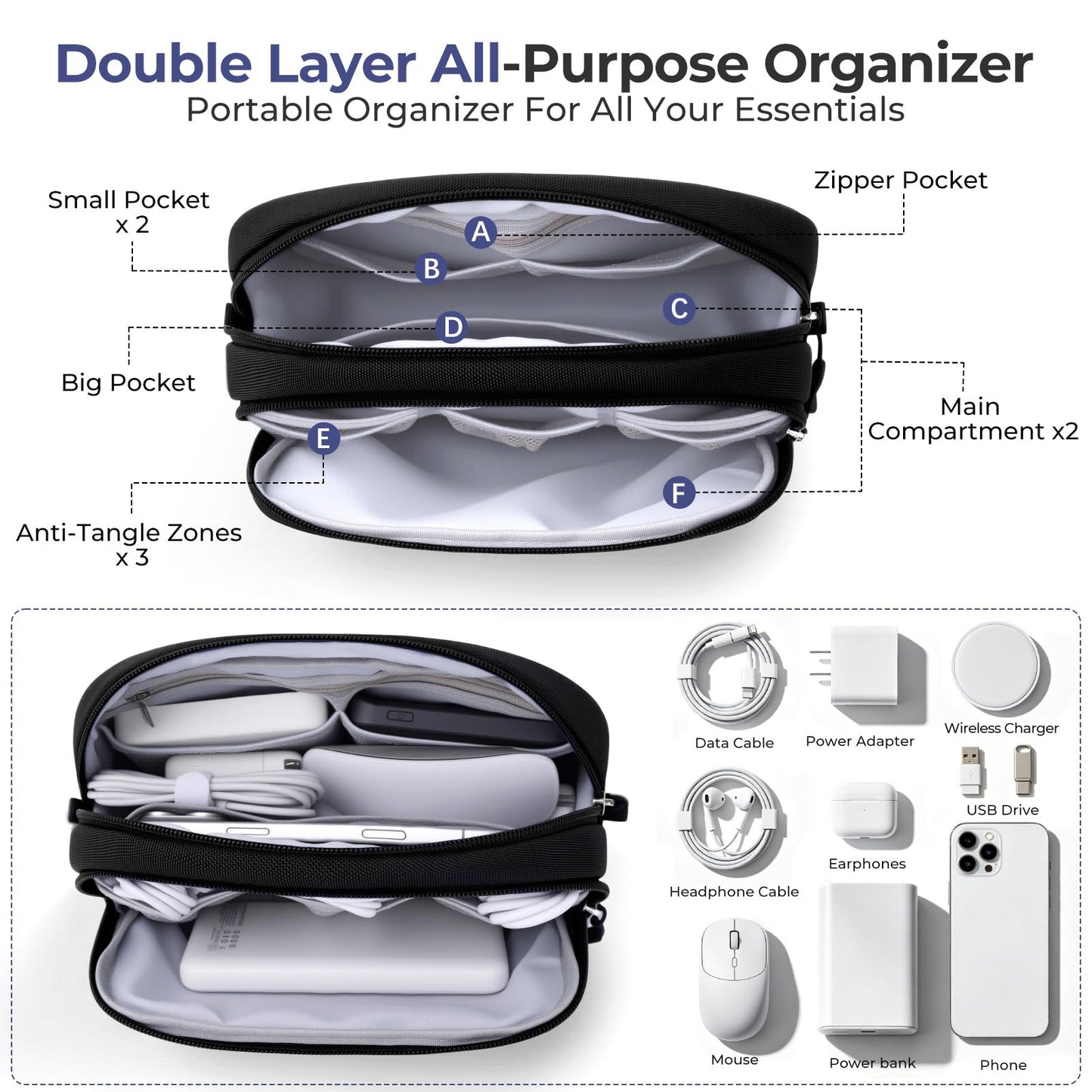 Skycase Travel Cable Organizer - Lightweight Water Resistant Dual-Layer Tech Pouch with Wrist Strap 10 Compartments Electronic Organizer Travel Case for Charger Cord Hard Drive,Medium,Black
