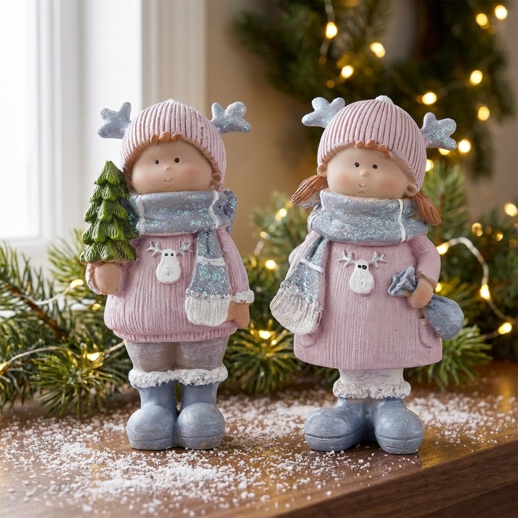 Brizoria Christmas Home Decor Set of 2 Resin Mini Sculptures with Reindeer Hats, Cute Female Themed Winter Ornaments for Mantel, Tiered Tray & Indoor Tabletop Christmas Decor