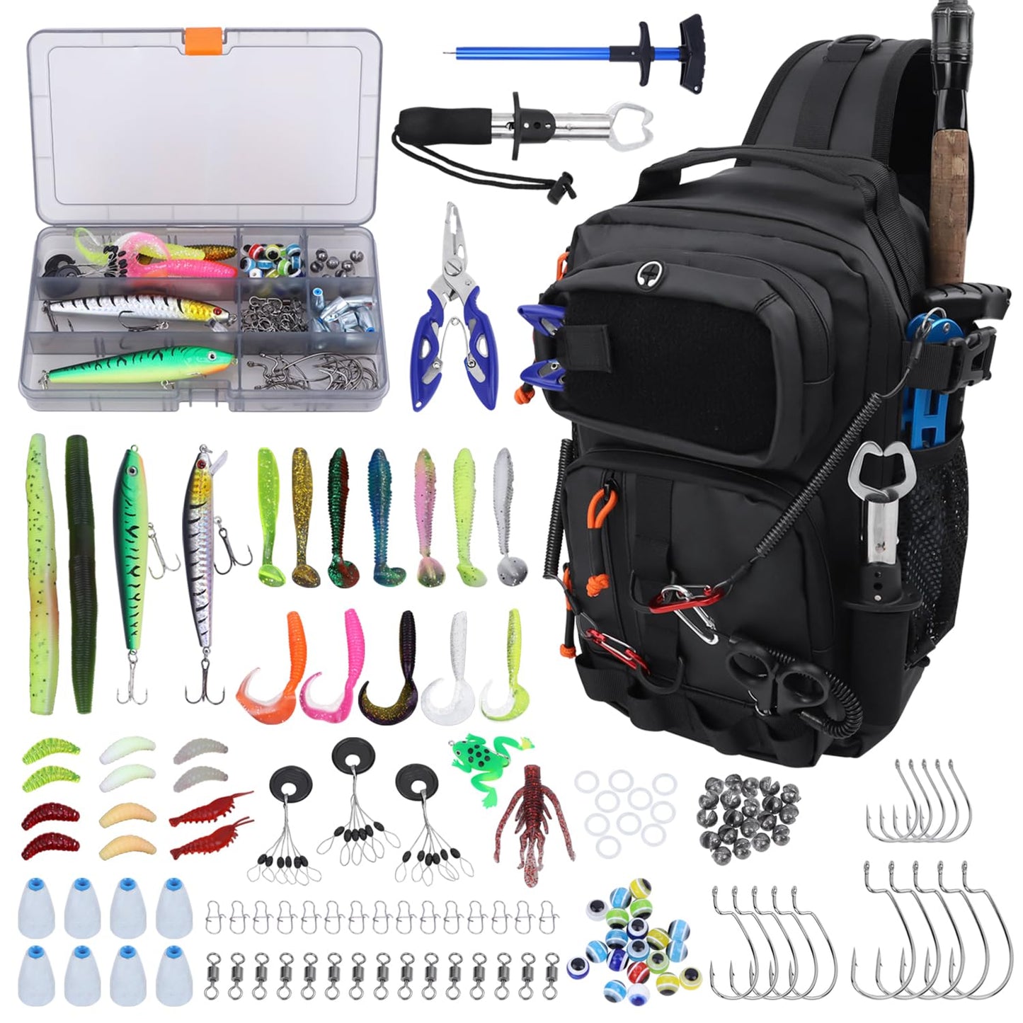 Fishing Backpack with Tackle Boxes,Waterproof Fishing Shoulder Bag for Fishing Gear,Fish Bag with 136 Pcs Fishing Lures Kit,Fish Hook Remover Tool,Fish Lip Gripper,Fishing Plier,Gifts for Men (Black)