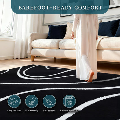 YIHOUSE Abstract Washable Rug 5x7,Ultra Thin Non Slip Black Rugs for Living Room,Modern Minimalist White Stripe Rugs for Bedroom,Dining Room Office Playroom (5'x7',Black-2)