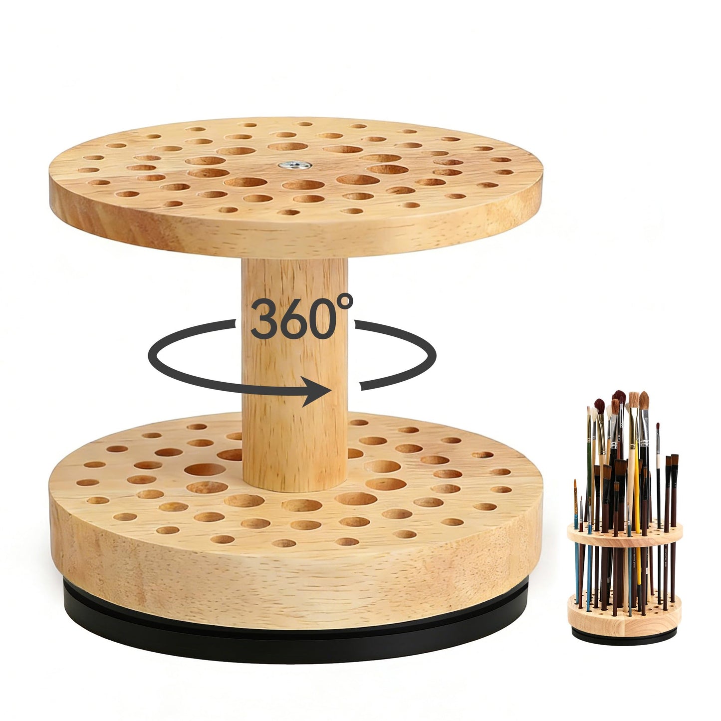 360 Rotating Paint Brush Holder, 52 Holes, Natural Wood