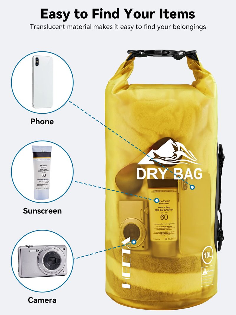 HEETA Dry Bag Waterproof for Women Men, Roll Top Lightweight Dry Storage Bag Backpack with Phone Case for Travel Swimming Boating Kayaking Paddle Board Camping Beach Accessories (Yellow, 40L)