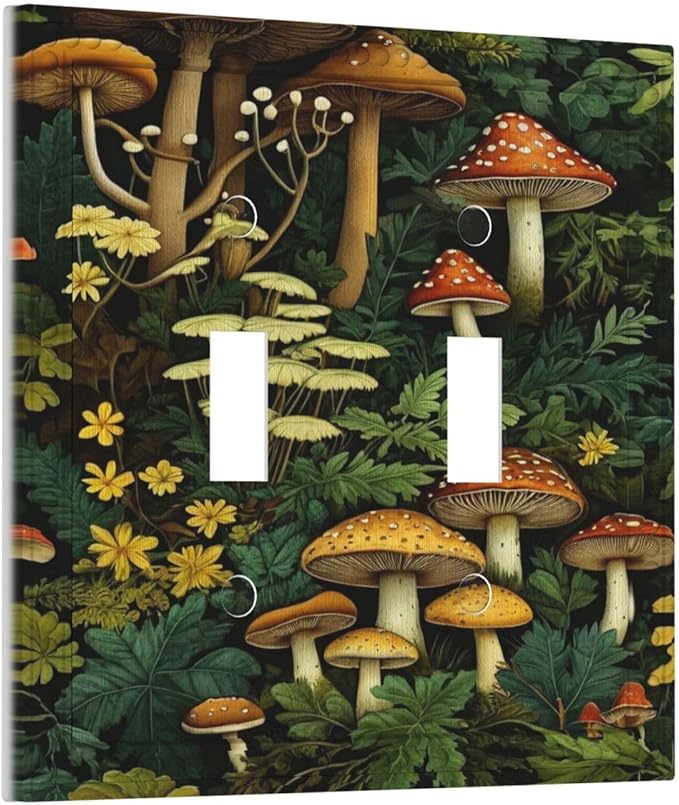 Mushrooms Forest Nature Botanical Art Light Switch Covers Double Toggle 2 Gang Wall Plate Dual Decorative Switchplate Electrical Faceplate for Farmhouse Living Room Decor