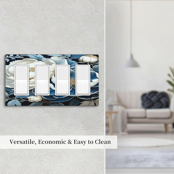 White Blue Flower Peonies Light Switch Cover 4 Gang Rocker Decora Outlet Covers Wall Plate Decorative Switchplate Electrical Faceplate GFCI for Farmhouse Living Bedroom Decor