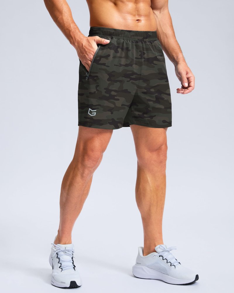 G Gradual Men's Athletic Running Shorts with Zipper Pockets Quick Dry 7"/ 5"/ 9" Workout Gym Shorts for Basketball Hiking(Green Camo,5L)