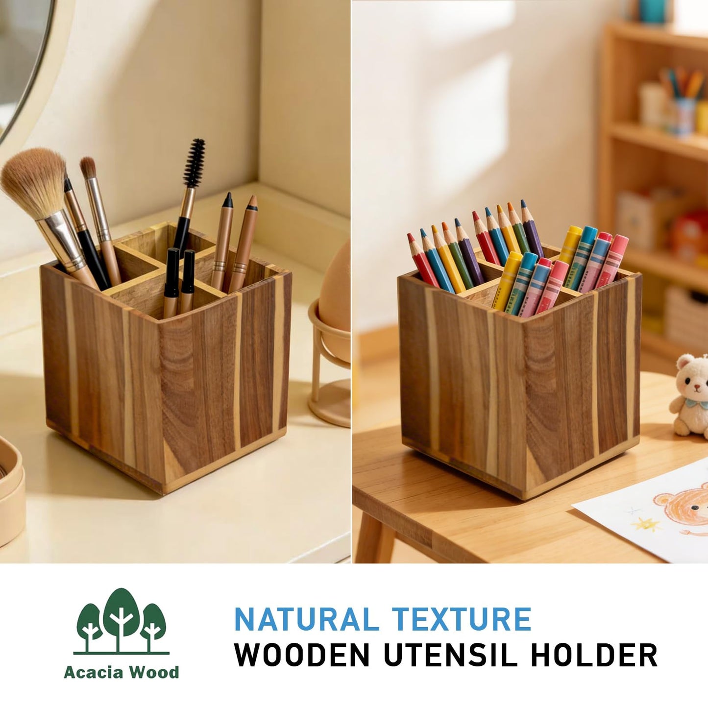 Wooden Utensil Holder for Kitchen Counter, Non-Slip Large Acacia Wood Spatula Holder for Counter with 4 Compartments, 360° Rotating Cooking Utensil Holder, Farmhouse Countertop Decor