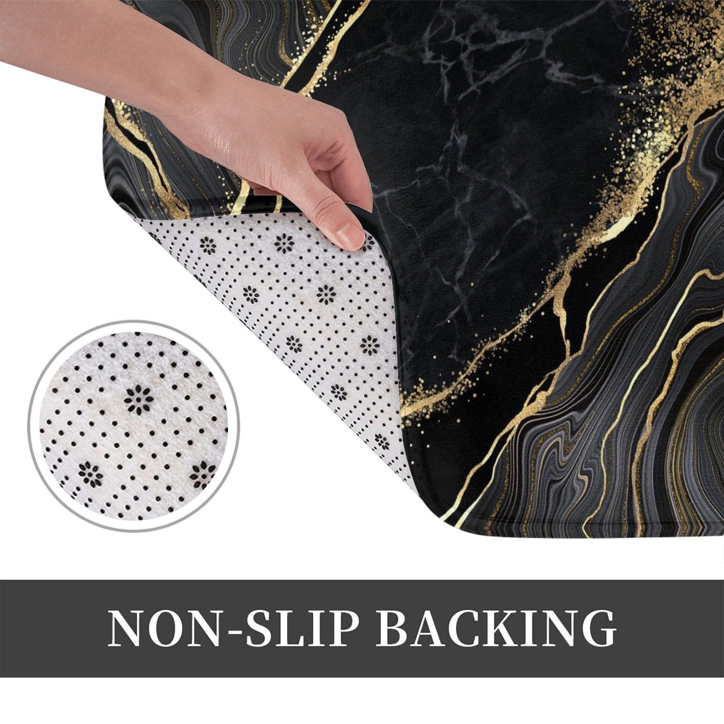 Black and Gold Marble Bath Mats for Bathroom, Soft Absorbent Bath Rug Non-Slip Floor Rug Carpets for Kitchen Bathroom Laundry Bedroom Living Room Decoration