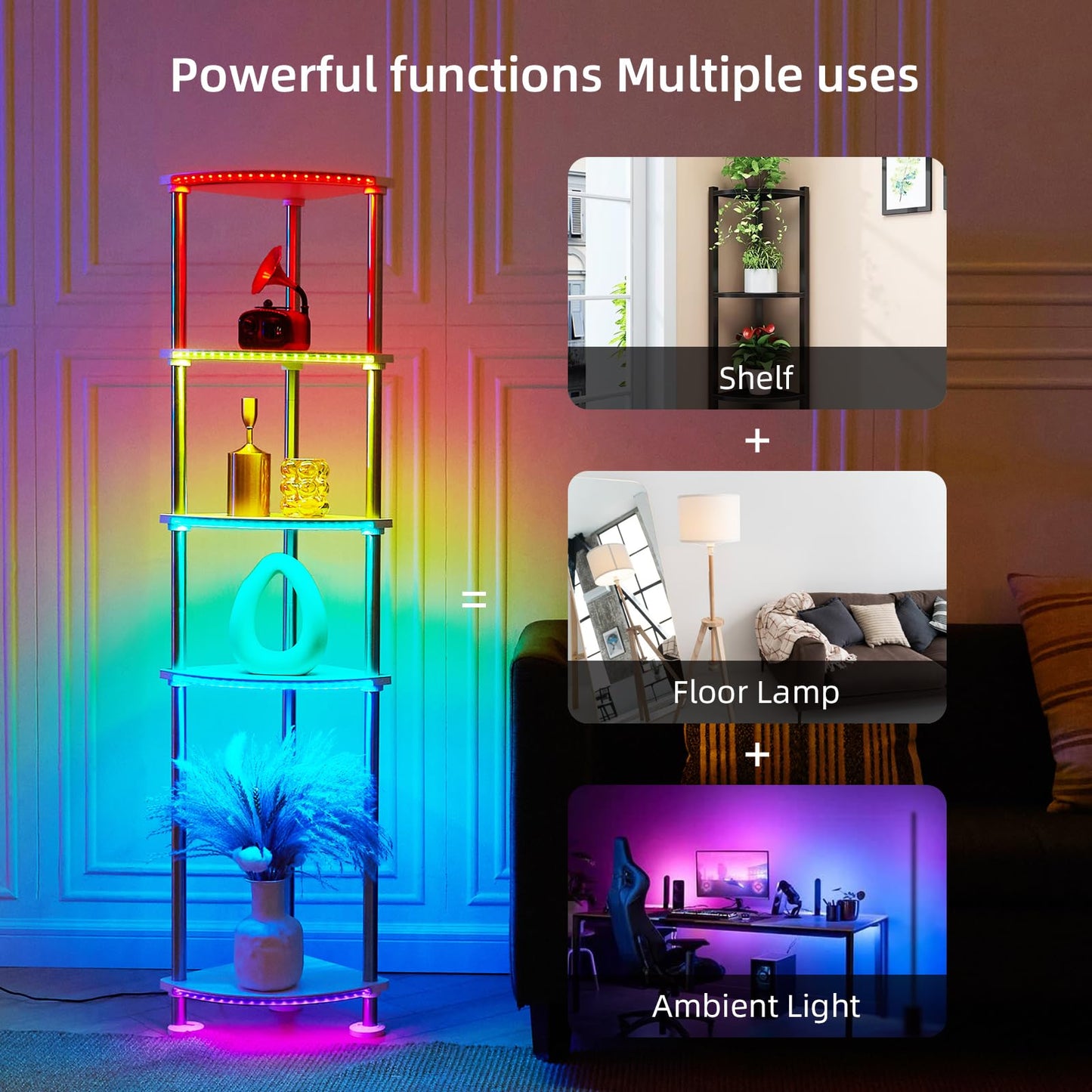 HOPEDAMAI Floor Lamp with Shelves Height Adjustable Music Sync LED Corner Floor Lamp with Charging Stationl Dimmable and Timing RGB Standing Lamp for Christmas Gifts White 5-Tier