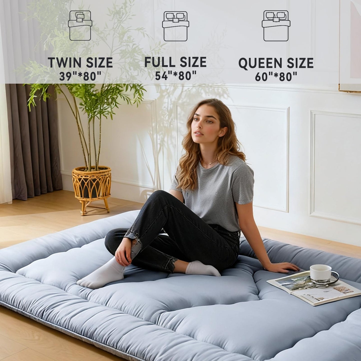 Ingdgnoso Japanese Floor Mattress, 3.5" Thicken Futon Mattress Tatami Mat, High Density Foam Support for Adult Kids Sleep, Portable Futon Sofa Bed for Camping, Pet Mat, Twin 80"x 39"（Silver Gray）