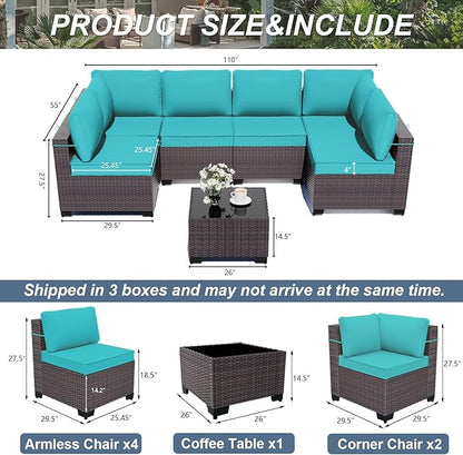 ALAULM 7 Pieces Patio Furniture Set with Coffee Table, Outdoor Sectional with Thick Cushion, All Weather Wicker Rattan Conversation Set for Backyard, Garden, Deck, (Turquoise)