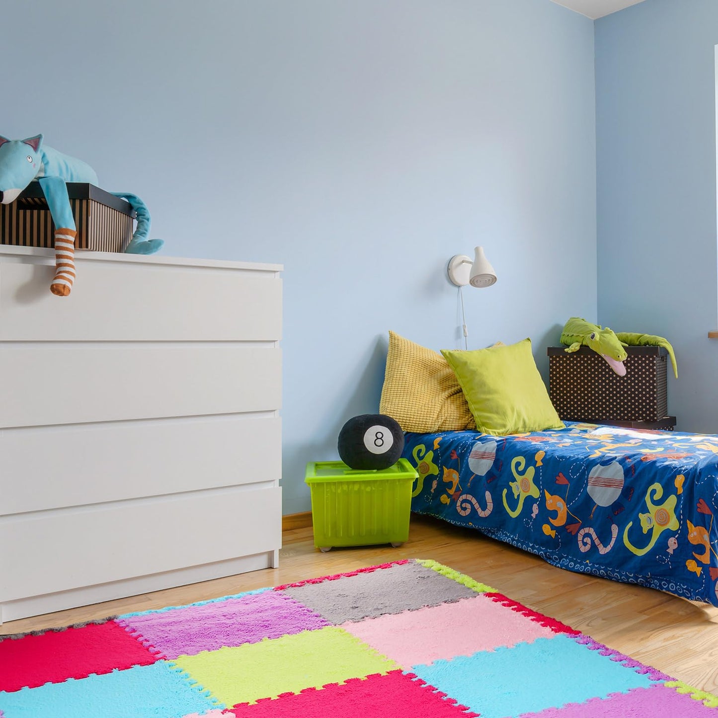 Timgle 18 Pcs Interlocking Carpet Plush Foam Shaggy Soft Square Carpet Tiles with Border 12" Fluffy Colorful Floor Mats 0.4" Thick Protective Puzzle Playroom Area Rug Playmat for Bedroom