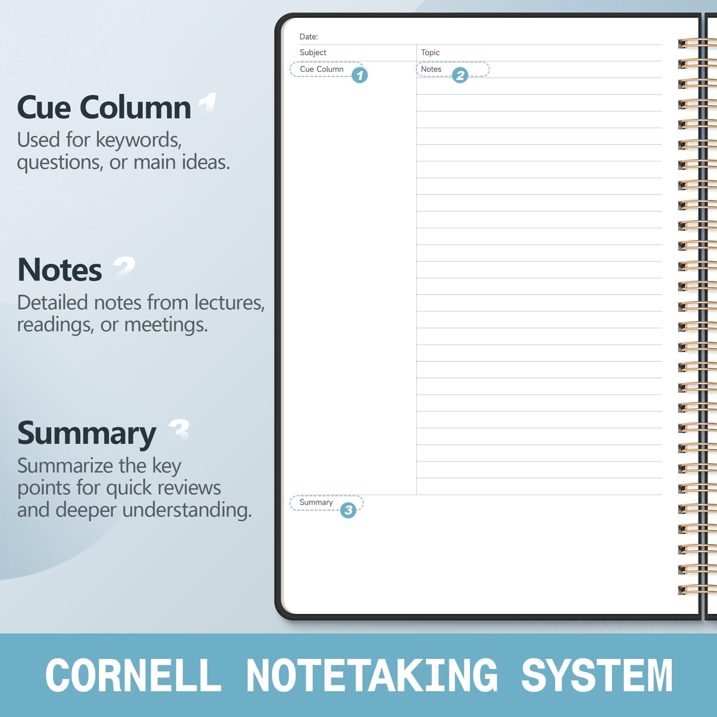 Hardcover Cornell Notes Notebook for Note Taking Supplies, B5 Spiral Aesthetic Study Subject Notebooks for School Work College Ruled Meeting Notes Book Studying Essentials, 7.2” x 10”, Black