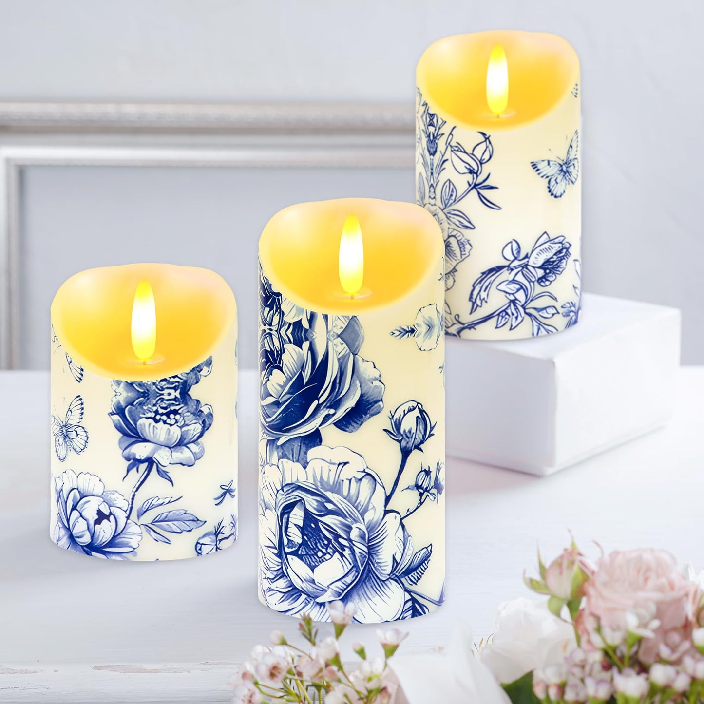 Ouvibor 3 Pcs Blue and White Flameless Candles Wedding Table Centerpiece Chinoiserie Candles Blue White Floral Printed Faux Candles with Remote Timer for Wedding Home Holiday Table Decor