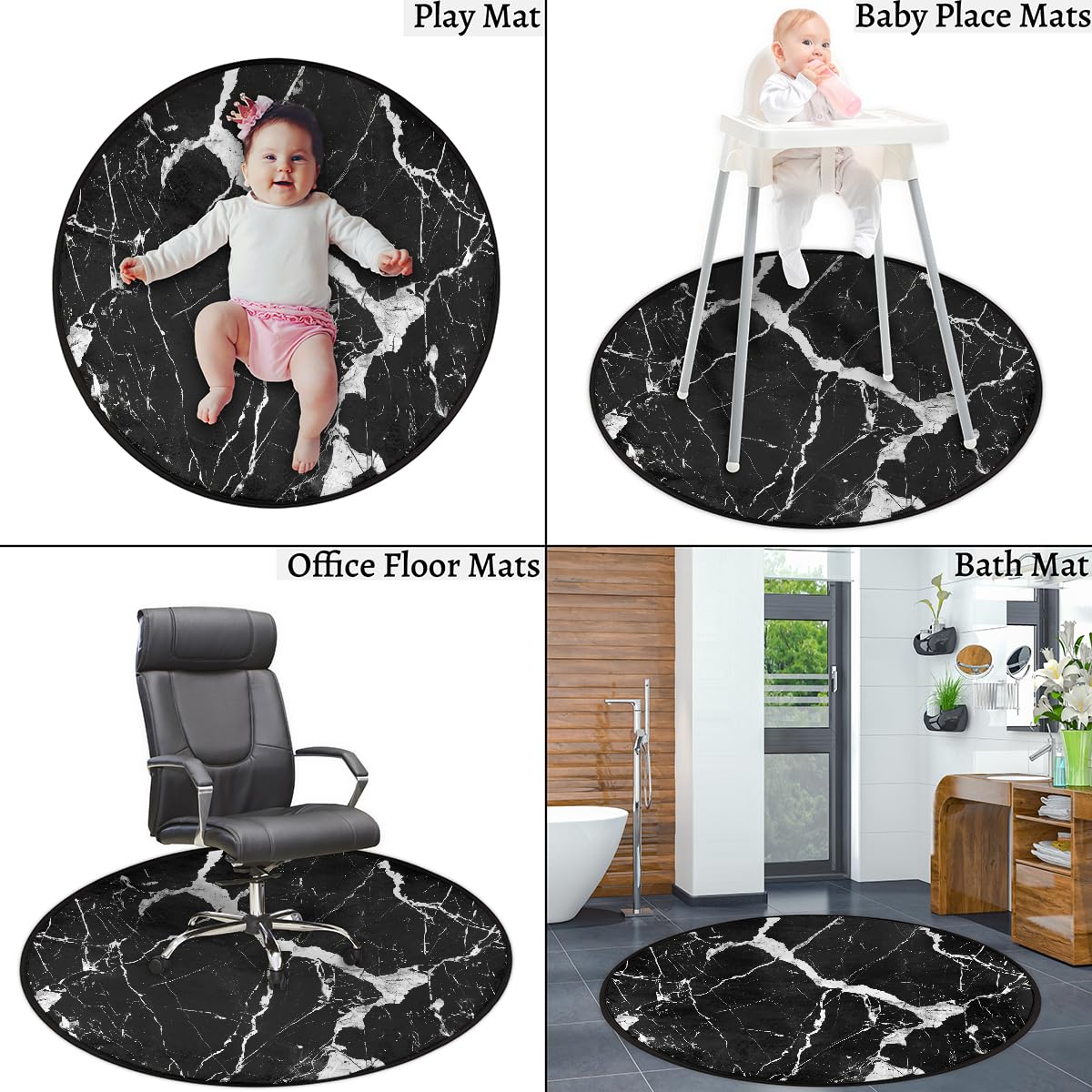 Black and White Marble Texture 63inch Round Indoor Rug, Washable Anti Slip, Room Decor Circle Carpet for Bedroom Living Room Pad