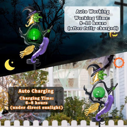 Viveta Solar Halloween Lights, Witch Halloween Decorations Solar Stake Lights with Crackle Glass Ball for Outdoor Pathway Garden Yard Patio, 2 Pack