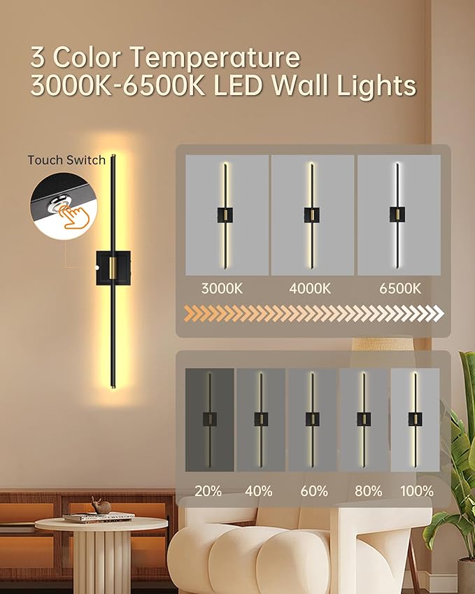 Battery Operated Wall Sconces with Remote Control, Dimmable Wall Sconces Set of Two, 3000K-6500K LED Wireless Picture Lights for Wall, Bedroom, Hallway, Living Room, 350°Rotate, 24.4 Inch(2 Pack)