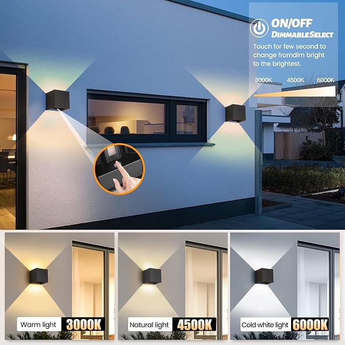 Outdoor Wall Sconce Lighting and Indoor Wall Light,15W Matte Black Square Outdoor Sconces,3 Color Temperature and Adjustable Beam for Garage,Entryway,Porch,Hallway,Living room Sconce(4.33-Inch 4 Pack)