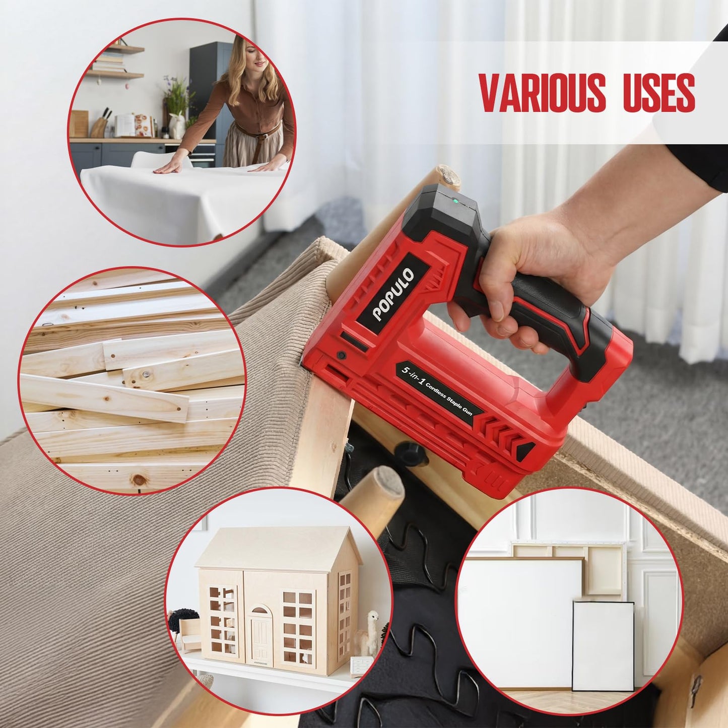 POPULO Electric Staple Gun 5 in 1 Band Nailer, 4V Rechargeable Cordless Stapler, Pin Nail Gun Battery Powered with 2,000 Staples and Nails, Power Wire Staple Gun for Home, Wood, Upholstery, DIY