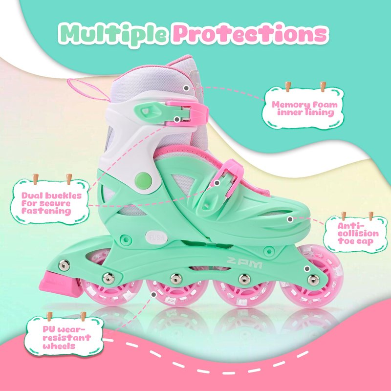 2PM SPORTS Inline Skates for Kids Ages 4-8 8-12 with Light Up Wheels, Adjustable Kids Roller Skates Blades for Youths Toddlers Beginners Indoor Outdoor - Green Large