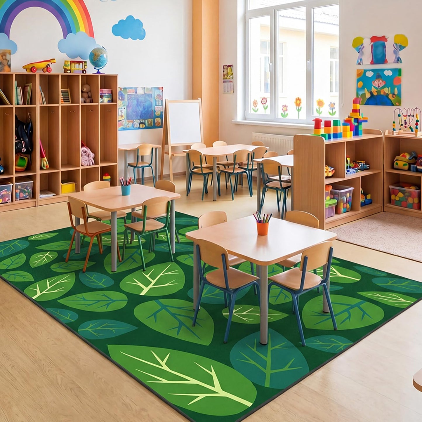 Frienda 13 x7.5 ft Large Classroom Rug for Back to School Decor Green Leaves Rug Non Slip Carpet Soft Nylon Learning Rugs for Reading Corner Circle Time School Classroom Decor