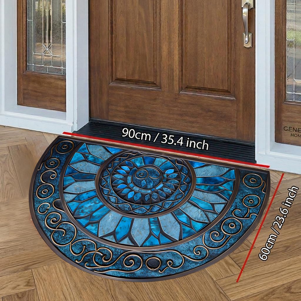 Half Round Door Mat 35.4 x 23.6 Inch, Non Slip Washable Semicircle Entryway Rug, Blue Mosaic Floor Mat for Front Door Kitchen Bathroom Patio(Blue, 35.4 x 23.6inch)