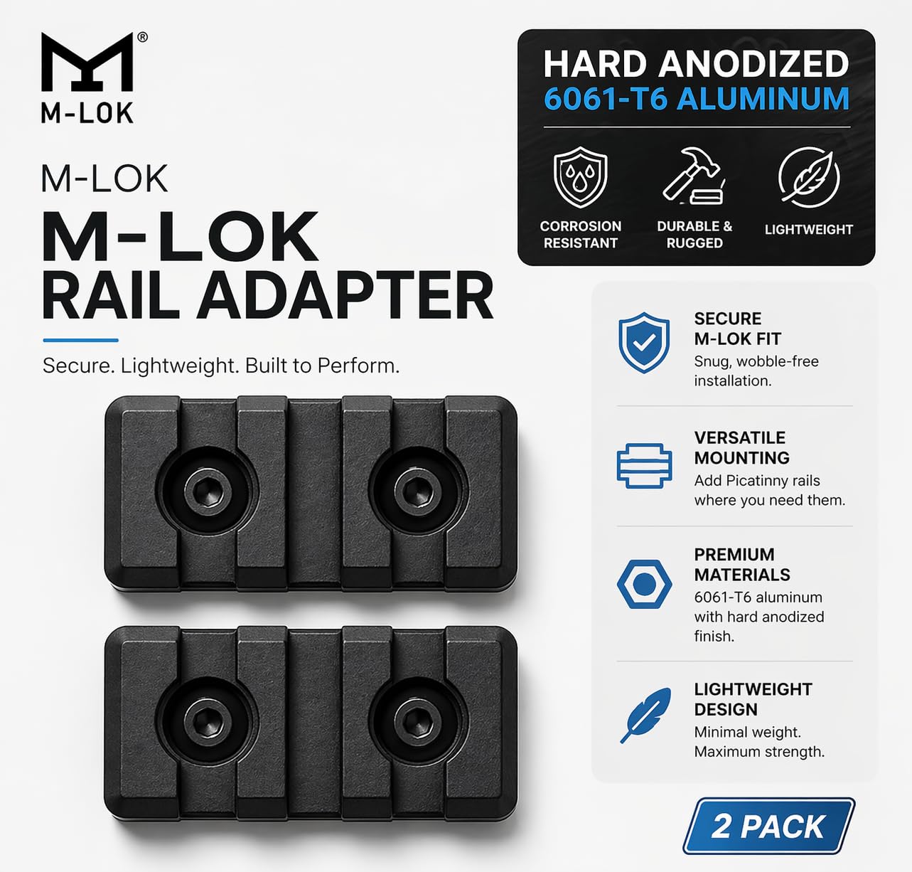 Gotical 9 Slots Rail Section for M Lok Handguard, 9 Slots Picatinny Rail (Set of 2) Black