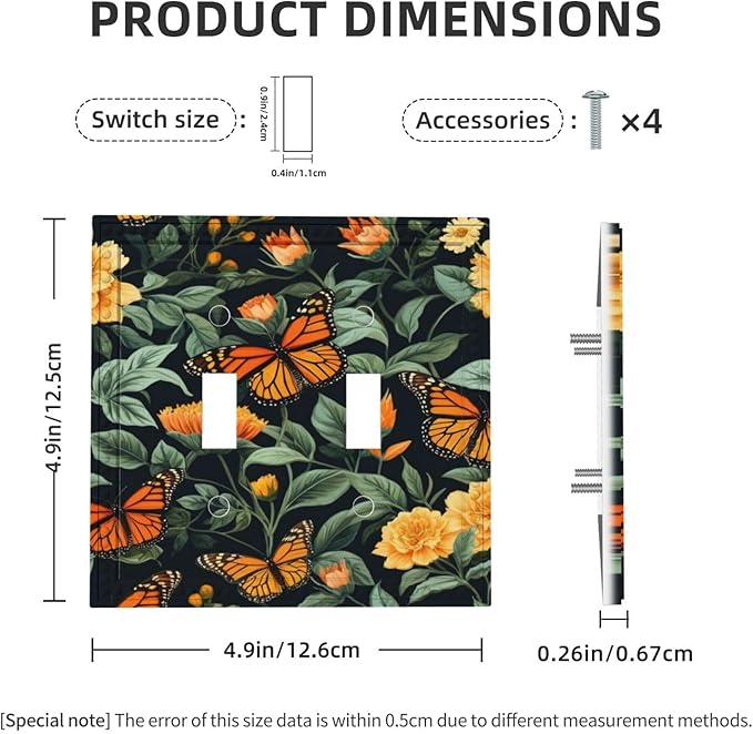 Butterflies Flower Garden Light Switch Covers Double Toggle 2 Gang Wall Plate Dual Decorative Switchplate Electrical Faceplate for Farmhouse Decor