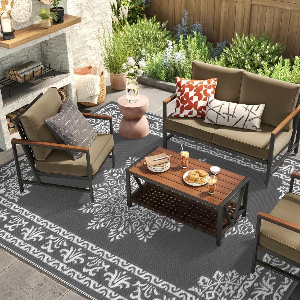 Yamaziot Outdoor Rug 9x12 Ft, Waterproof Plastic Straw Patio Rug, Reversible Backyard Carpet UV Resistant Portable RV Mat Clearance, Large Indoor Outdoor Rug for Patio, Porch, Deck, Balcony, Dark Gray