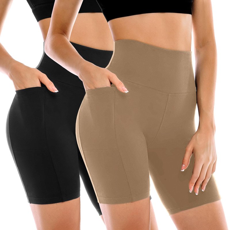 Leafigure 2 Pack Womens Biker Shorts with Pockets, High Waisted Tummy Control Yoga Shorts for Women Running Gym and Workout Black/Khaki S-M