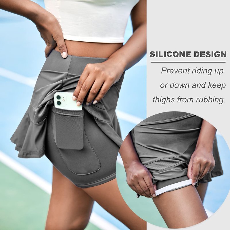 Ekouaer Womens Tennis Skirt Pleated Athletic Skirts with Shorts Pockets High Waisted Golf Skort for Workout Pickleball,Dark Grey L