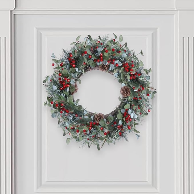 20 Inches Christmas Wreath Winter Wreaths Holiday Christmas Wreaths for Front Door Christmas Berry Wreath with Pine Needles Pine Cones Red Berries for Window Indoor Outdoor Winter Decorations