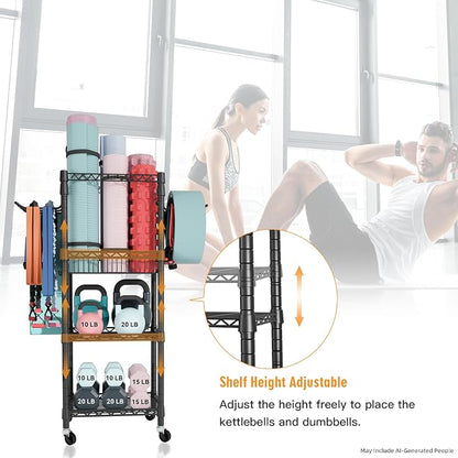 FUTASSI Home Gym Storage, 3 Tiers Workout Equipment Organizer with Wheels for Yoga Mats, Foam Roller, Dumbbells, Kettlebells, and Resistance Bands
