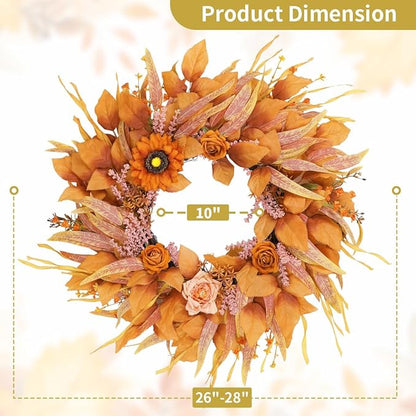 Fall Wreaths for Front Door 26 Inch, Front Door Wreath with Sunflowers Roses and Realistic Full Leaves, Outdoor Wreaths for Front Door Porch Farmhouse Home Harvest Thanksgiving Decor
