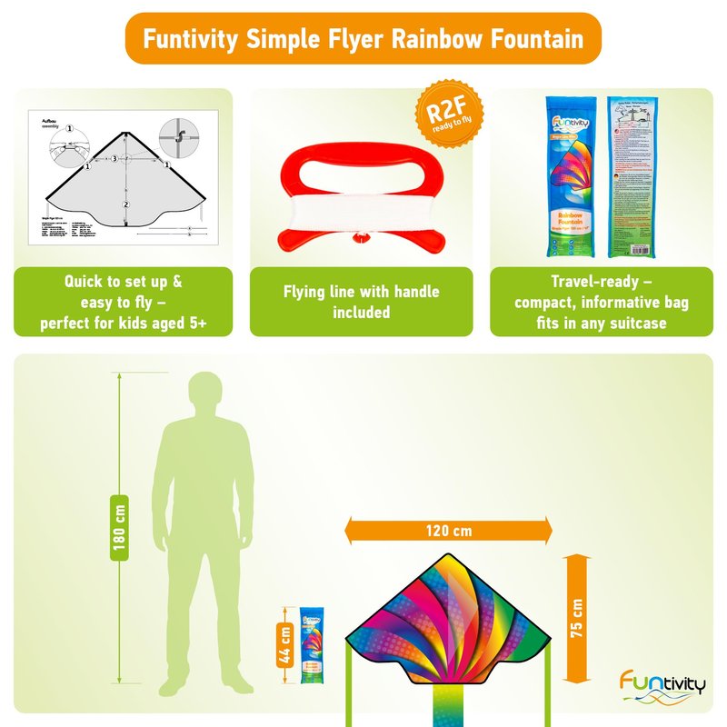 Funtivity Children's Kite Simple Flyer Rainbow Fountain - Ready-to-Fly Single Line with Rainbow Tail - Includes Handle & Cord - Kite from 5 Years - Lightweight Flight Kite for Garden, Park & Beach