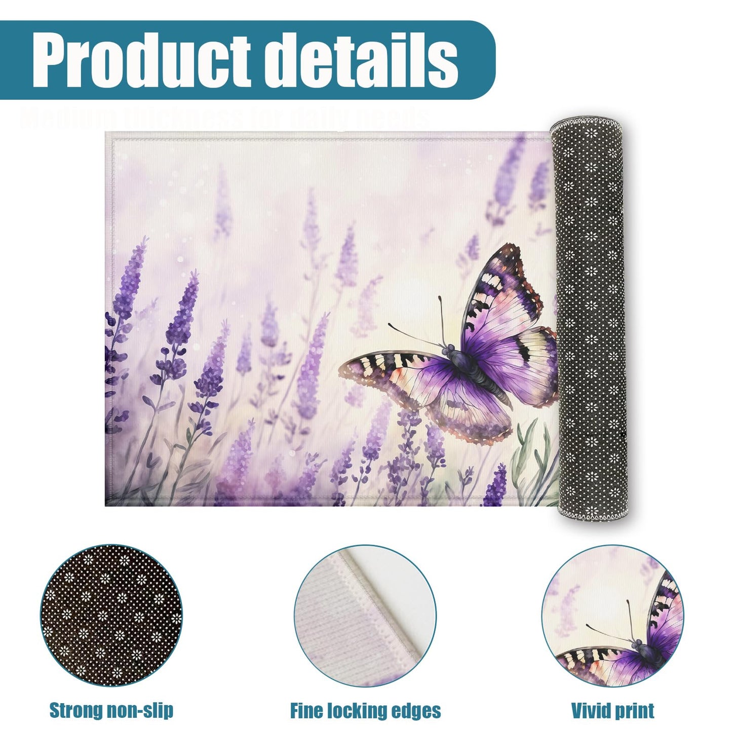 Purple Butterfly Lavender Indoor Door Mat, Outdoor Entrance Doormat for Entryway Kitchen Bathroom 17 X 29 Inch